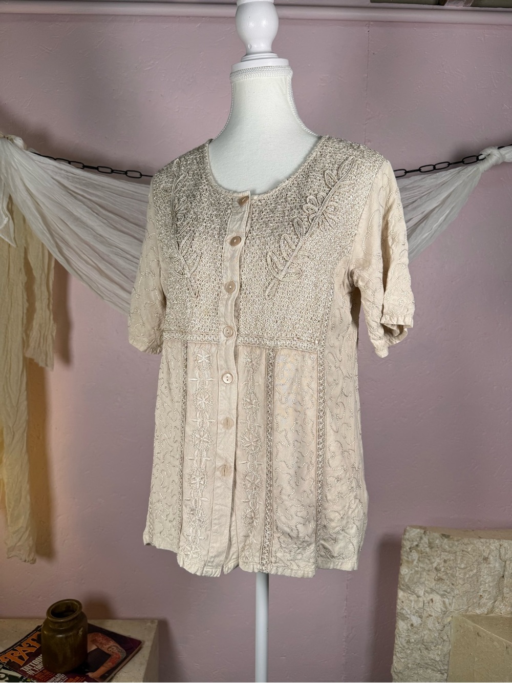 Vintage All Over Embroidered Button Front Blouse | M